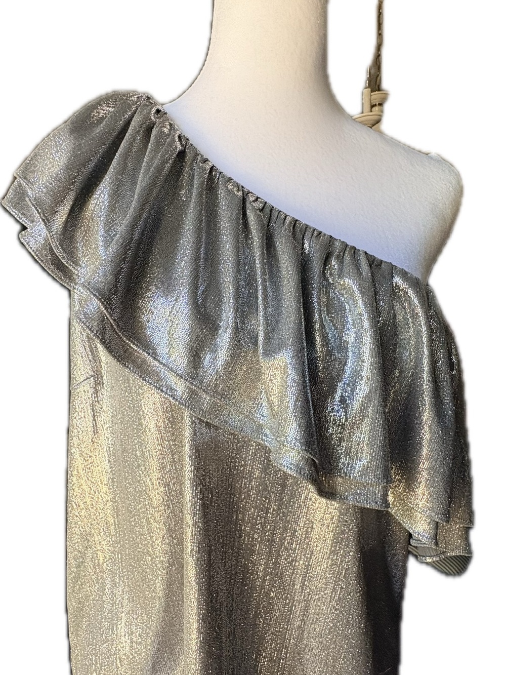 Pants Store One-Shoulder Metallic Ruffle Women's Top - Silver